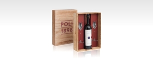 Holzschachtel mit Poli Grappa Sassicaia und 2 Grappa-Gläser | Geschenkpackungen