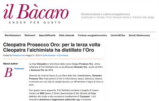  Il Bacaro  magazine appreciates Cleopatra Prosecco Oro