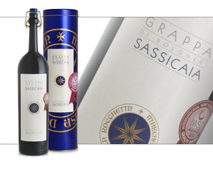 Barili di Sassicaia, Grappa Jacopo Poli with metal tube Barili di Sassicaia, Grappa Jacopo Poli with metal tube