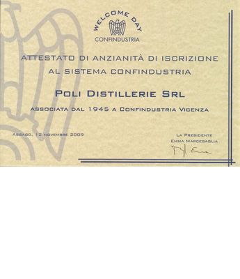 CERTIFICATE of seniority issued by Confindustria to the company POLI Distillery